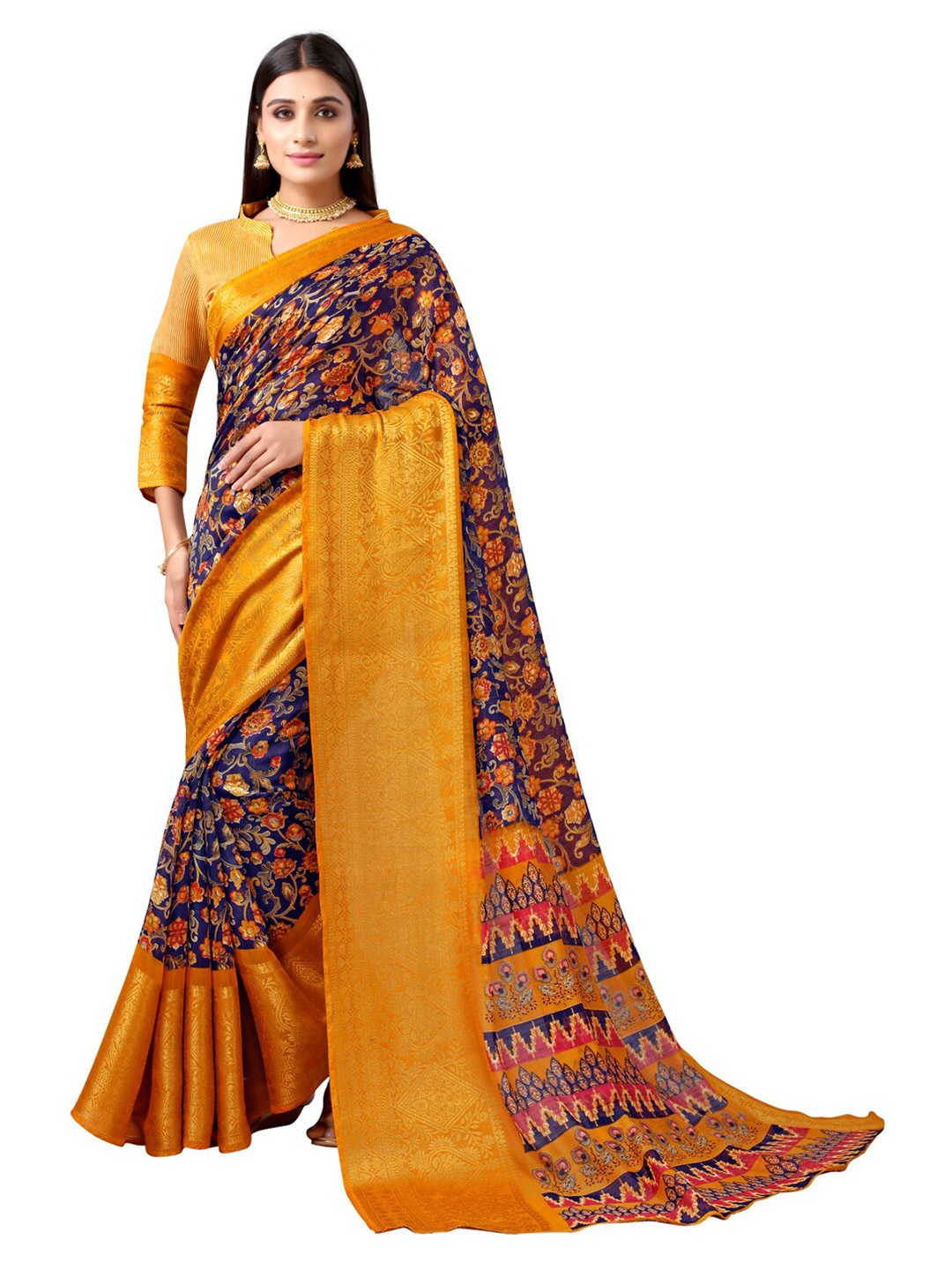 

Satrani Navy Blue & Yellow Floral Saree