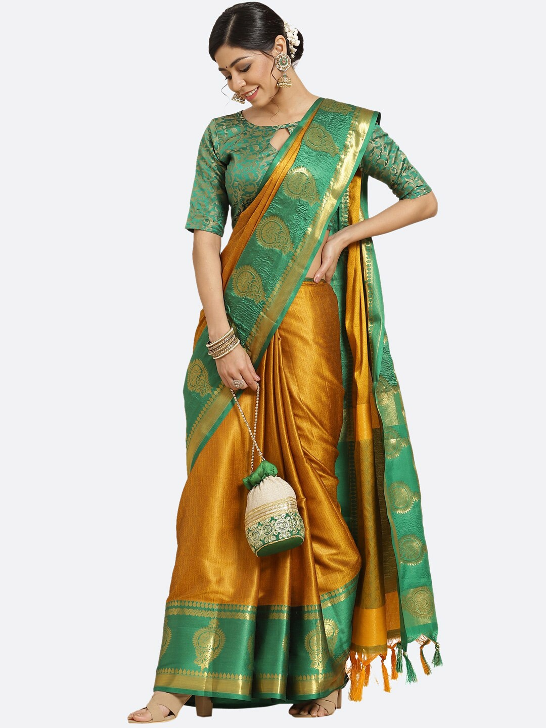 

Satrani Yellow & Gold-Toned Woven Design Zari Silk Cotton Saree