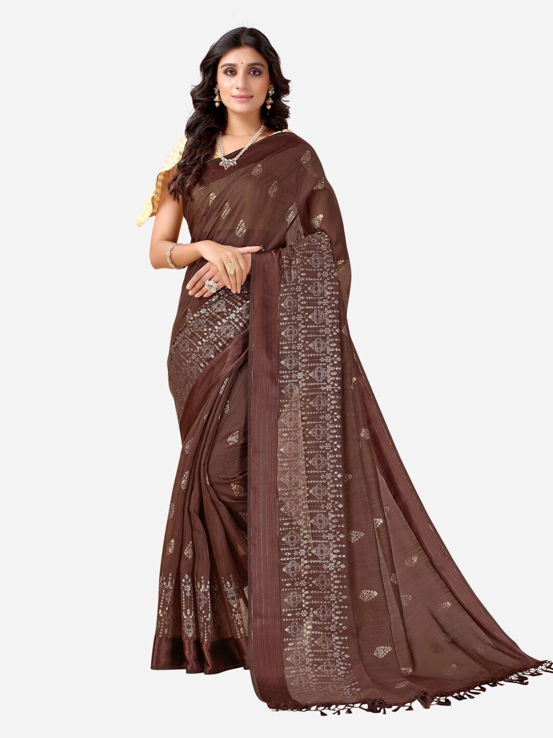

Satrani Brown & Gold-Toned Woven Design Zari Saree
