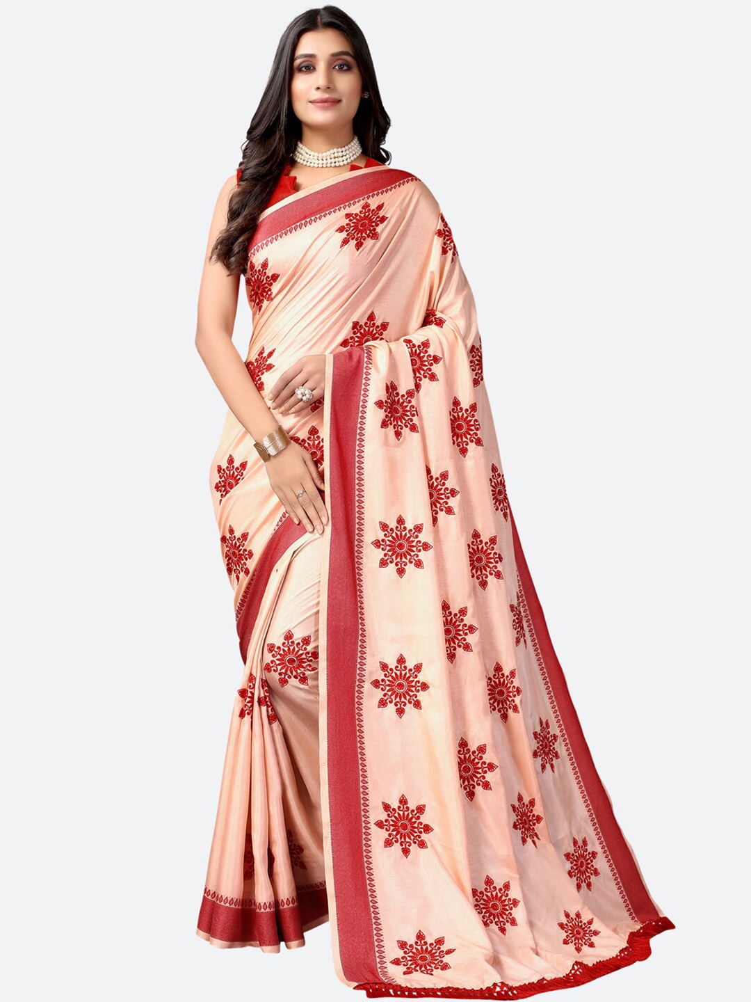

Satrani Red & Blush Pink Floral Embroidered Saree with Blouse piece