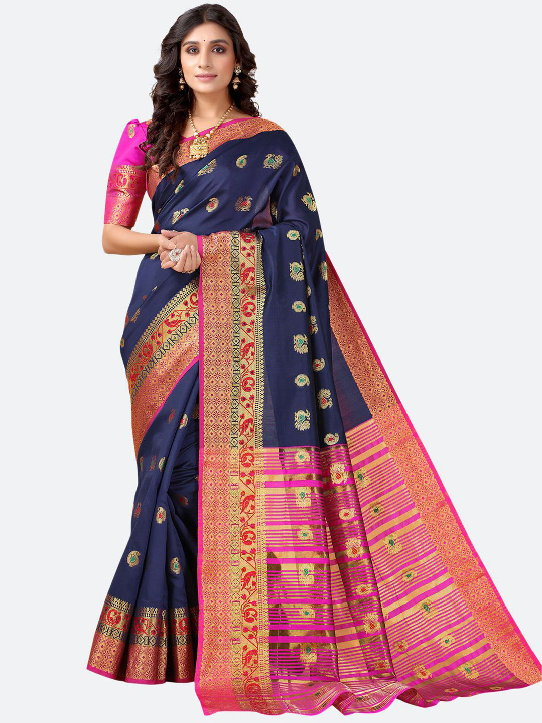 

Satrani Navy Blue & Pink Floral Zari Saree