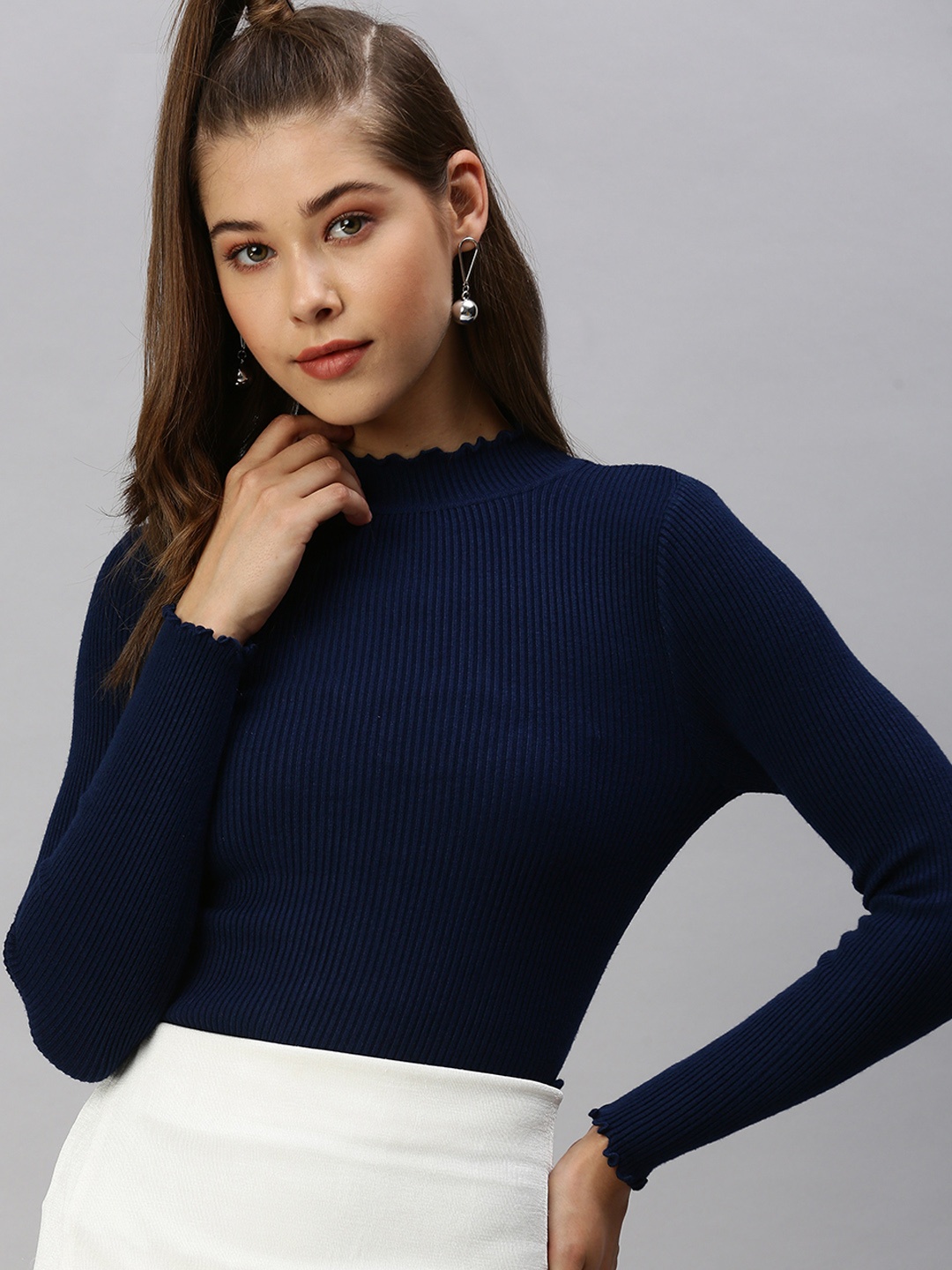 

SHOWOFF Navy Blue High Neck Striped Ribbed Knitted Fitted Top