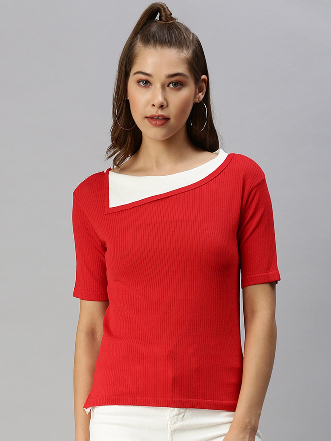 

SHOWOFF Red Striped Ribbed Knitted Top