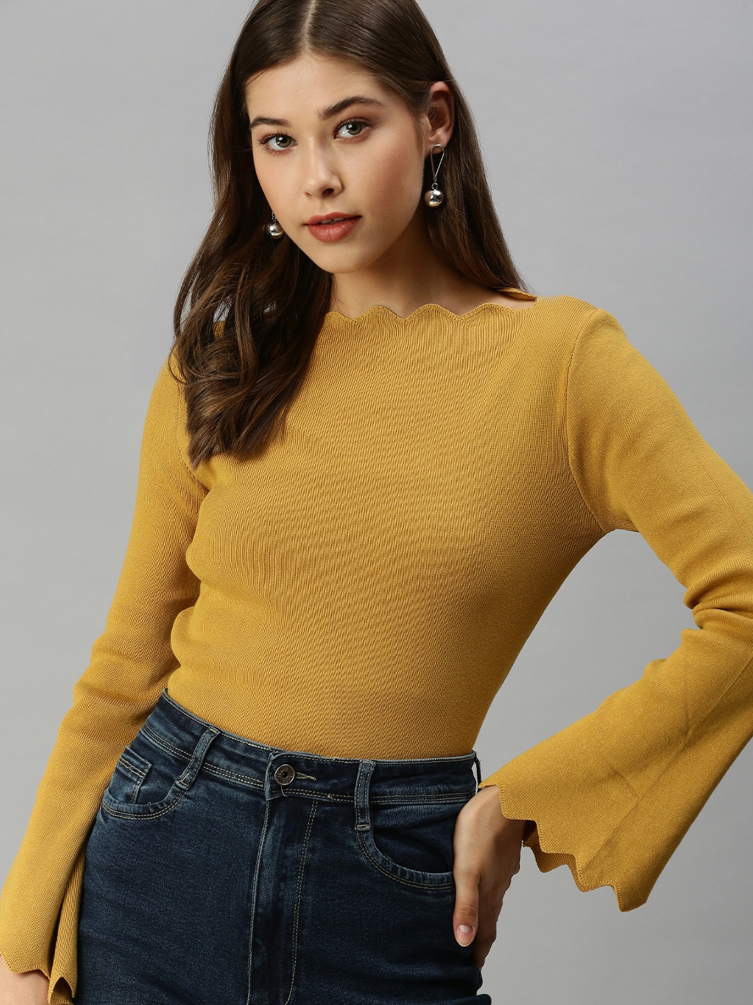 

SHOWOFF Mustard Yellow Striped Boat Neck Ribbed Knitted Top