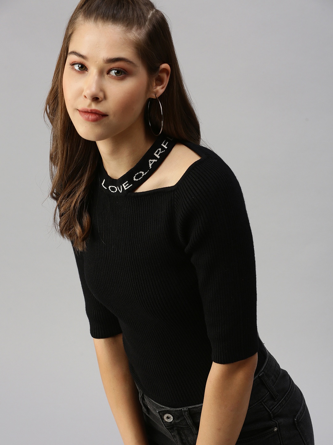 

SHOWOFF Black High Neck Cut Out Knitted Top