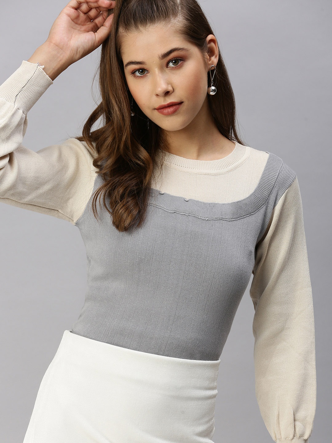 

SHOWOFF Grey Colourblocked Ribbed Knitted Top