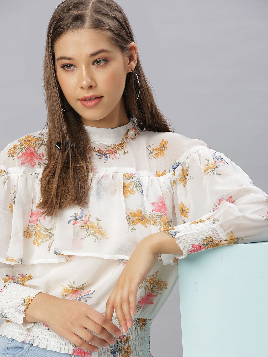 

SHOWOFF Off White Floral Print Ruffles Georgette Top