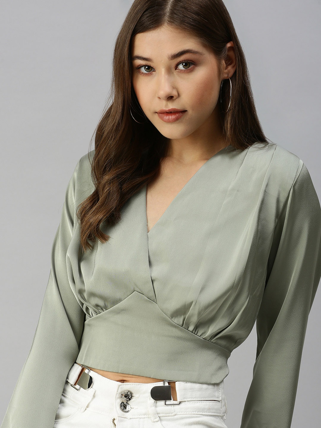 

SHOWOFF Green Satin Wrap Crop Top