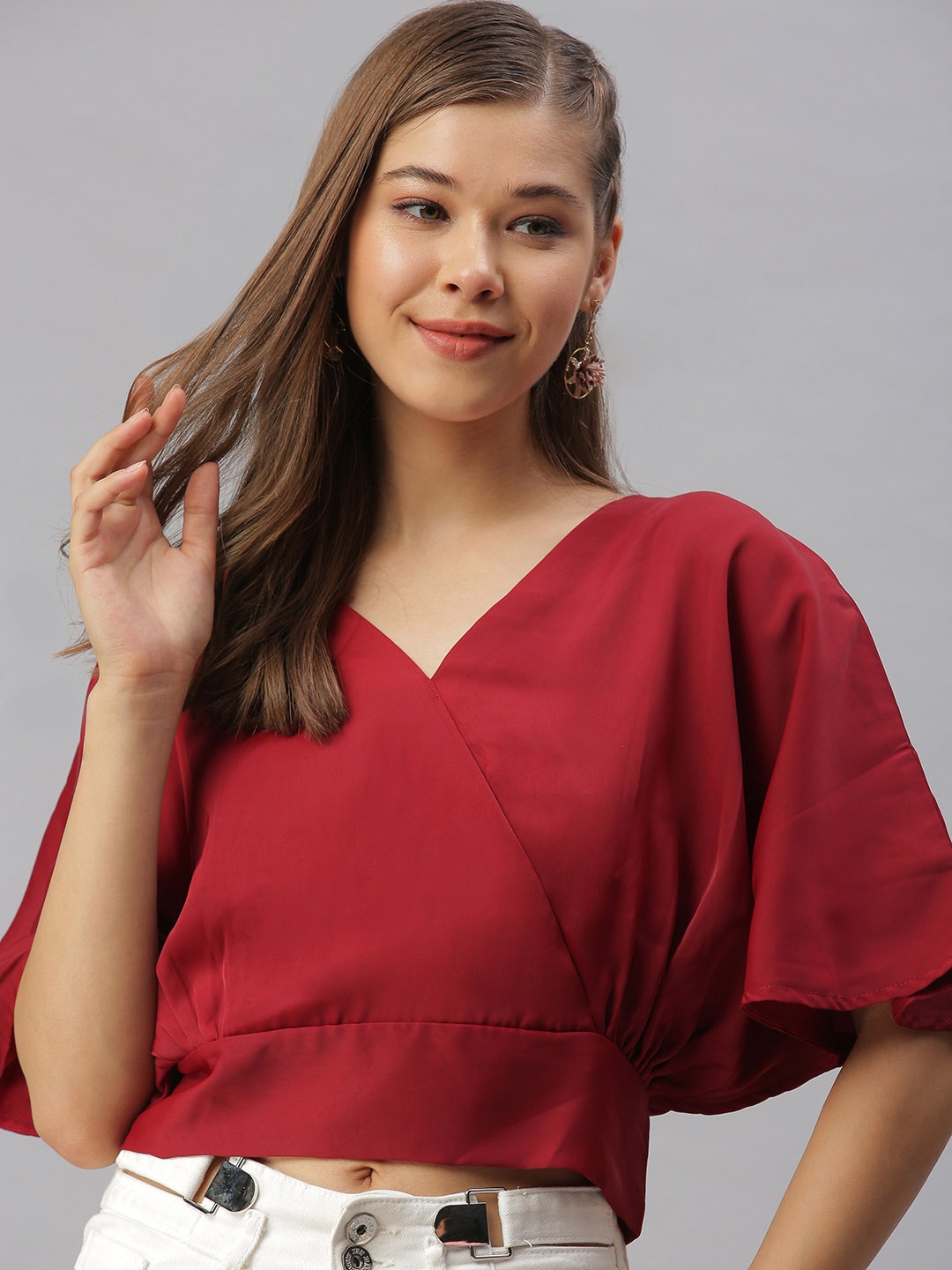 

SHOWOFF Maroon Satin Wrap Crop Top