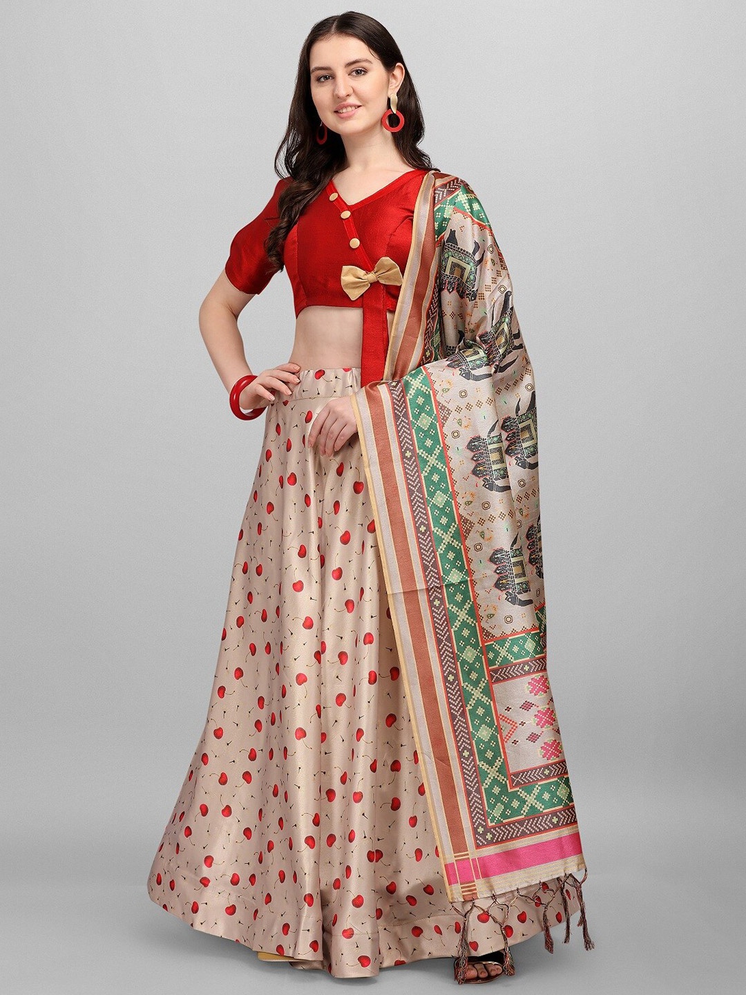 

Fashion Basket Beige & Red Semi-Stitched Lehenga & Unstitched Blouse With Dupatta