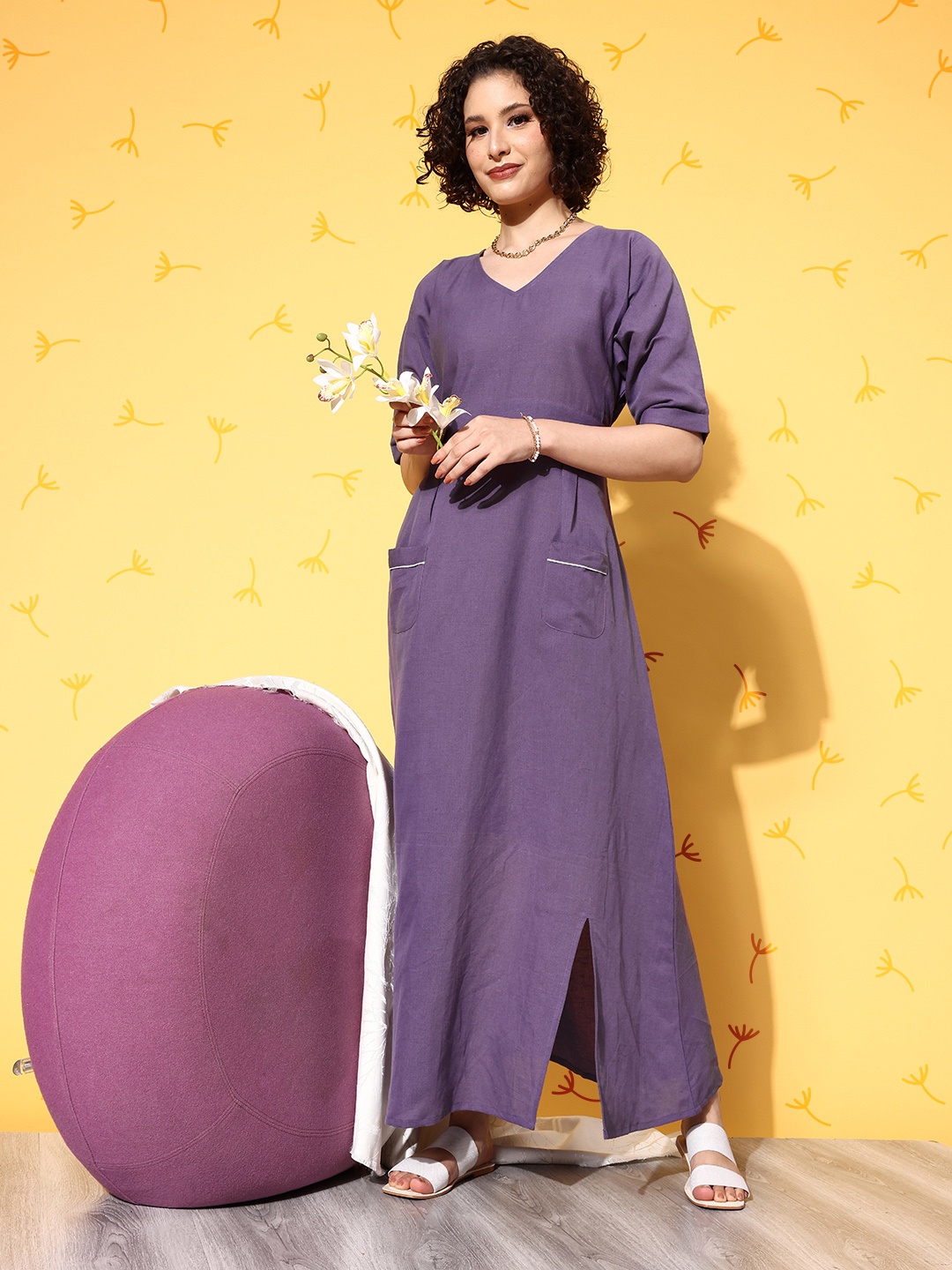 

The Kaftan Company Purple Linen Edit Solid Nightdress