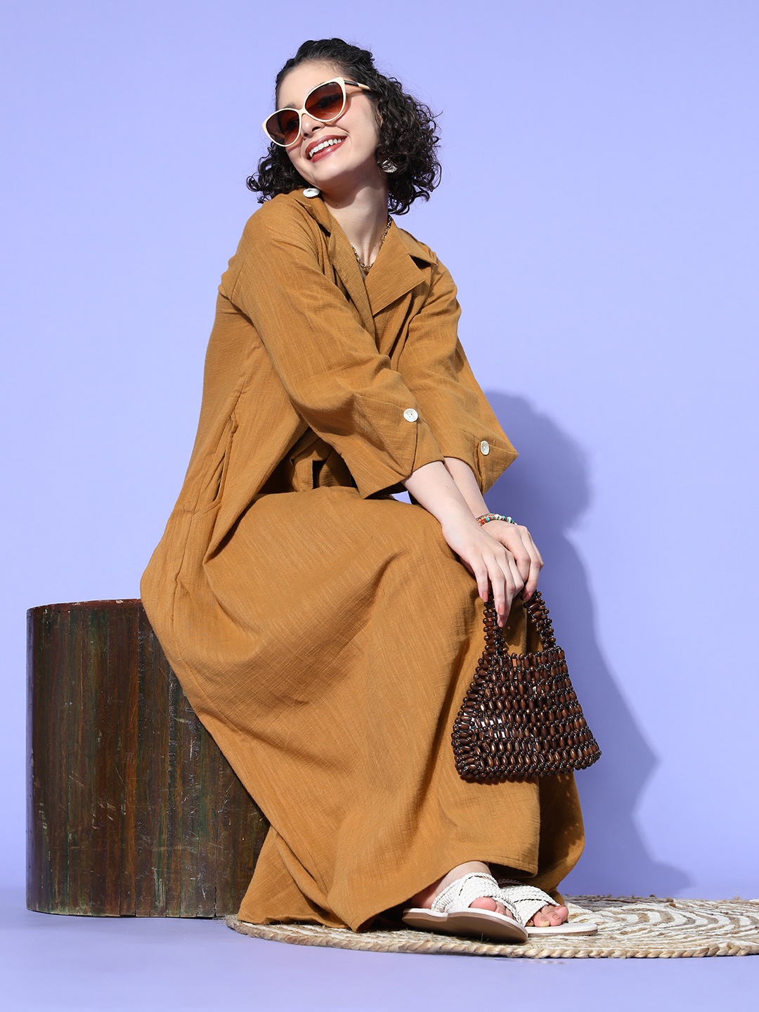 

The Kaftan Company Mustard Linen Edit Solid Nightdress