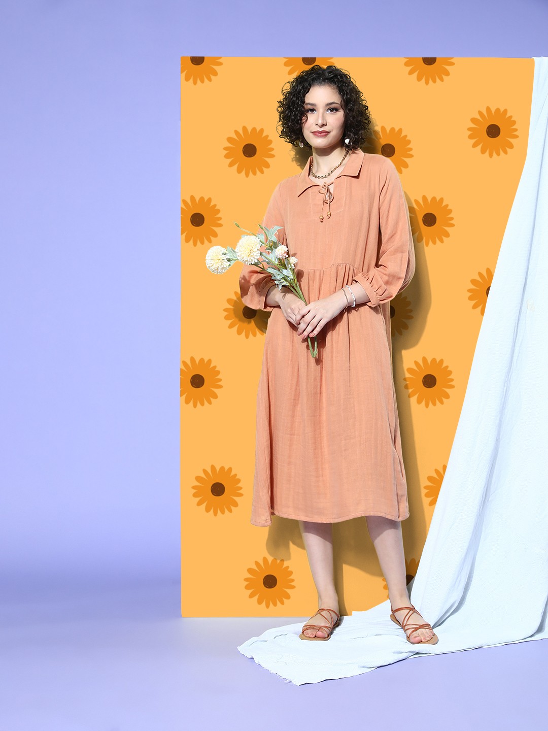 

The Kaftan Company Peach Linen Edit Solid Nightdress