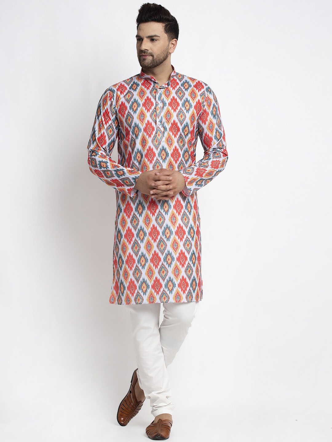 

Kaifoo Men Multicoloured Printed Angrakha Kurta with Churidar, Multi