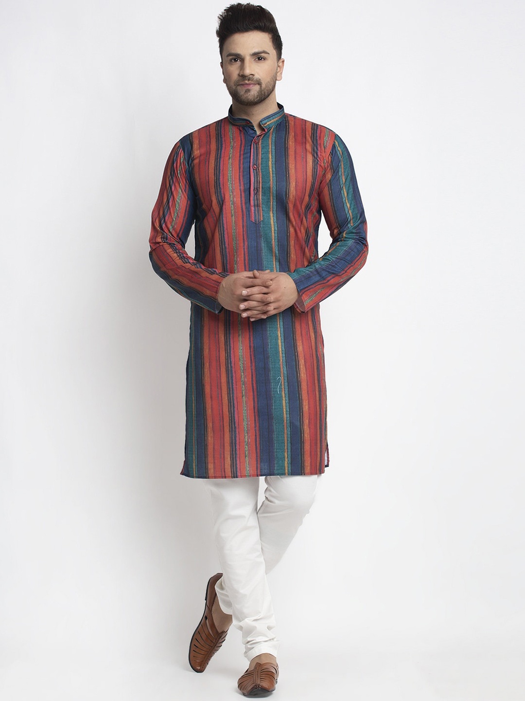 

Kaifoo Men Multicoloured Striped Angrakha Kurta with Pyjamas, Multi