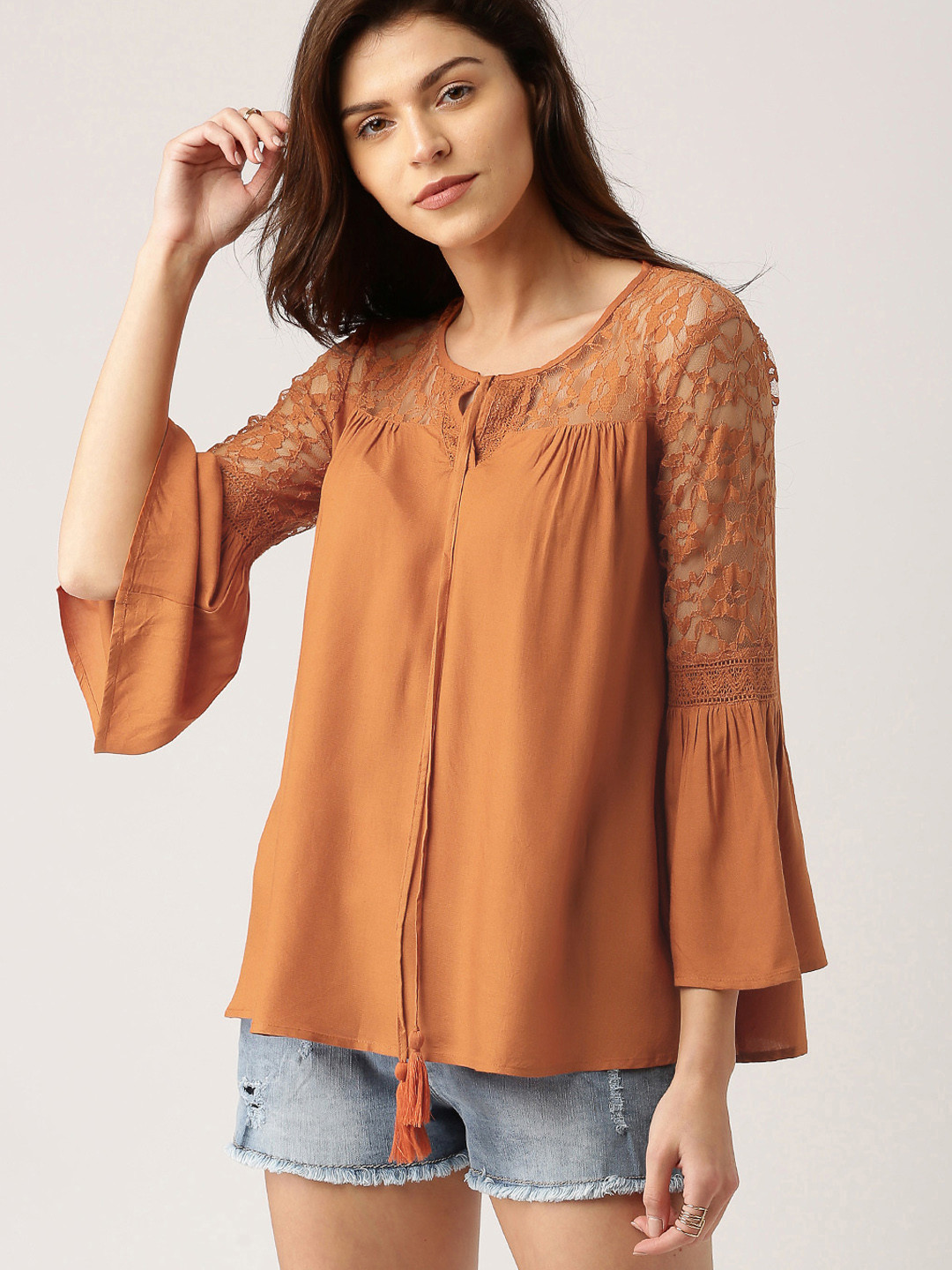 

all about you Women Brown Lace Detail A-Line Top