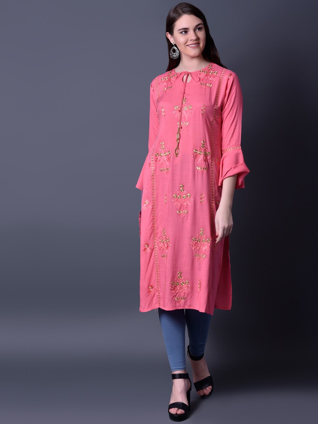 

Ziva Fashion Women Pink Geometric Striped Flared Sleeves Thread Work Kurta