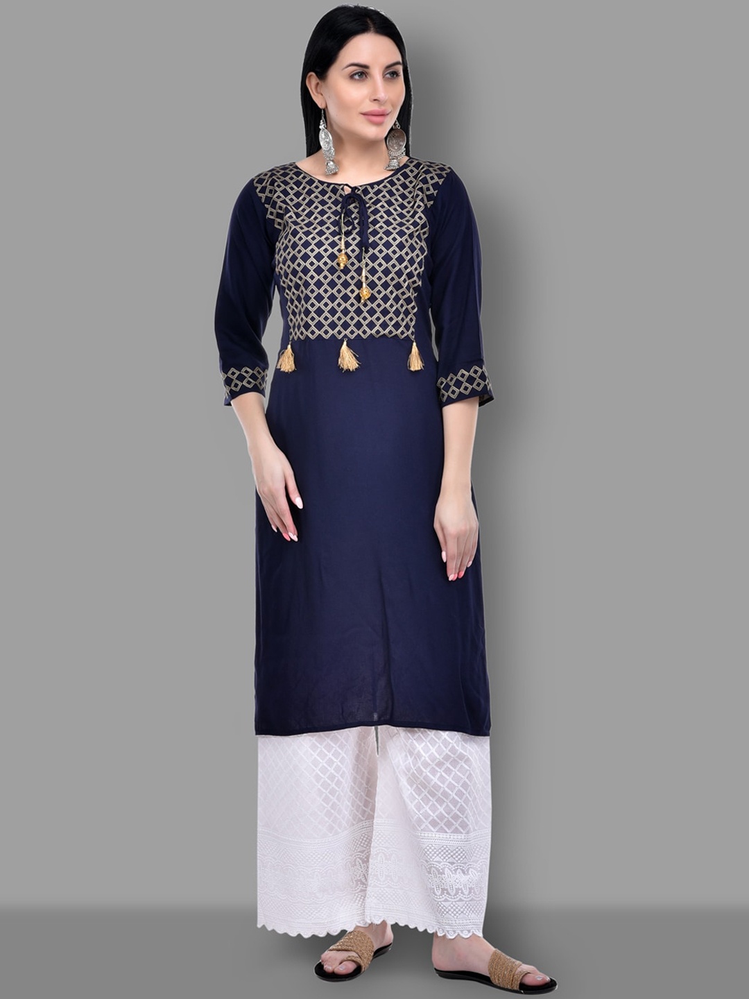 

Ziva Fashion Women Blue Geometric Yoke Design Flared Sleeves Mirror Work Kurta