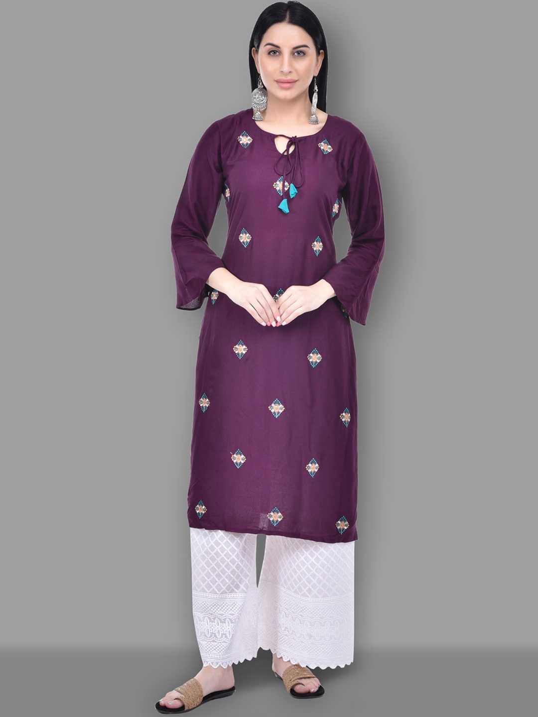 

Ziva Fashion Women Purple Embroidered Keyhole Neck Thread Work Kurta