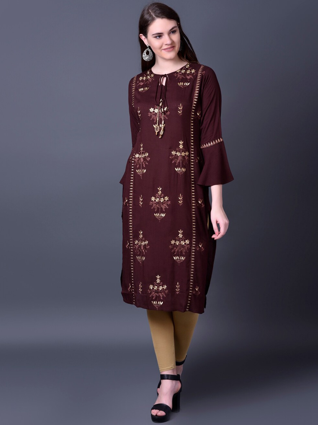 

Ziva Fashion Women Brown Geometric Printed Keyhole Neck Flared Sleeves Thread Work Kurta