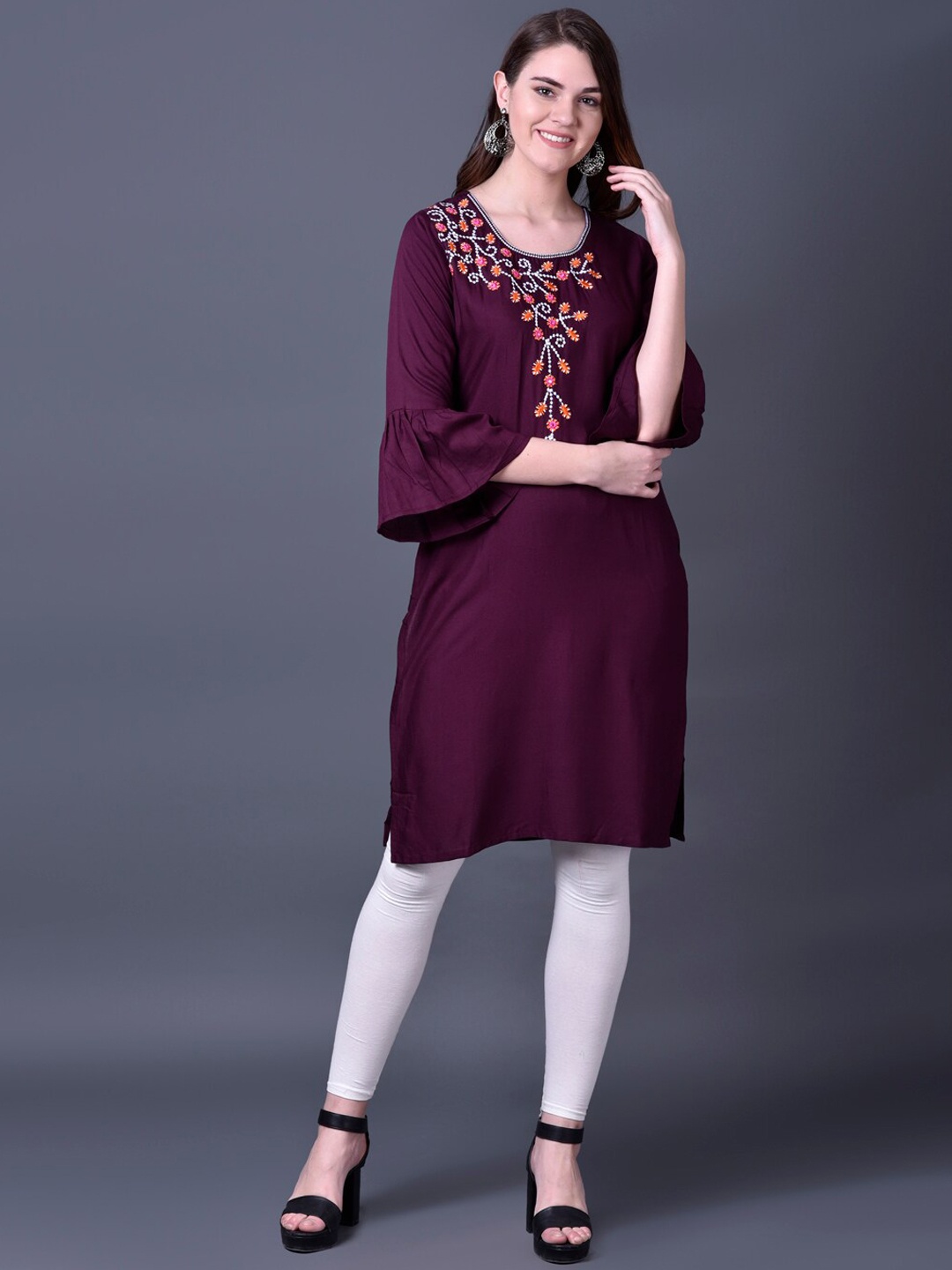 Ziva Fashion Women Purple Floral Yoke Design Thread Work Pathani Kurta