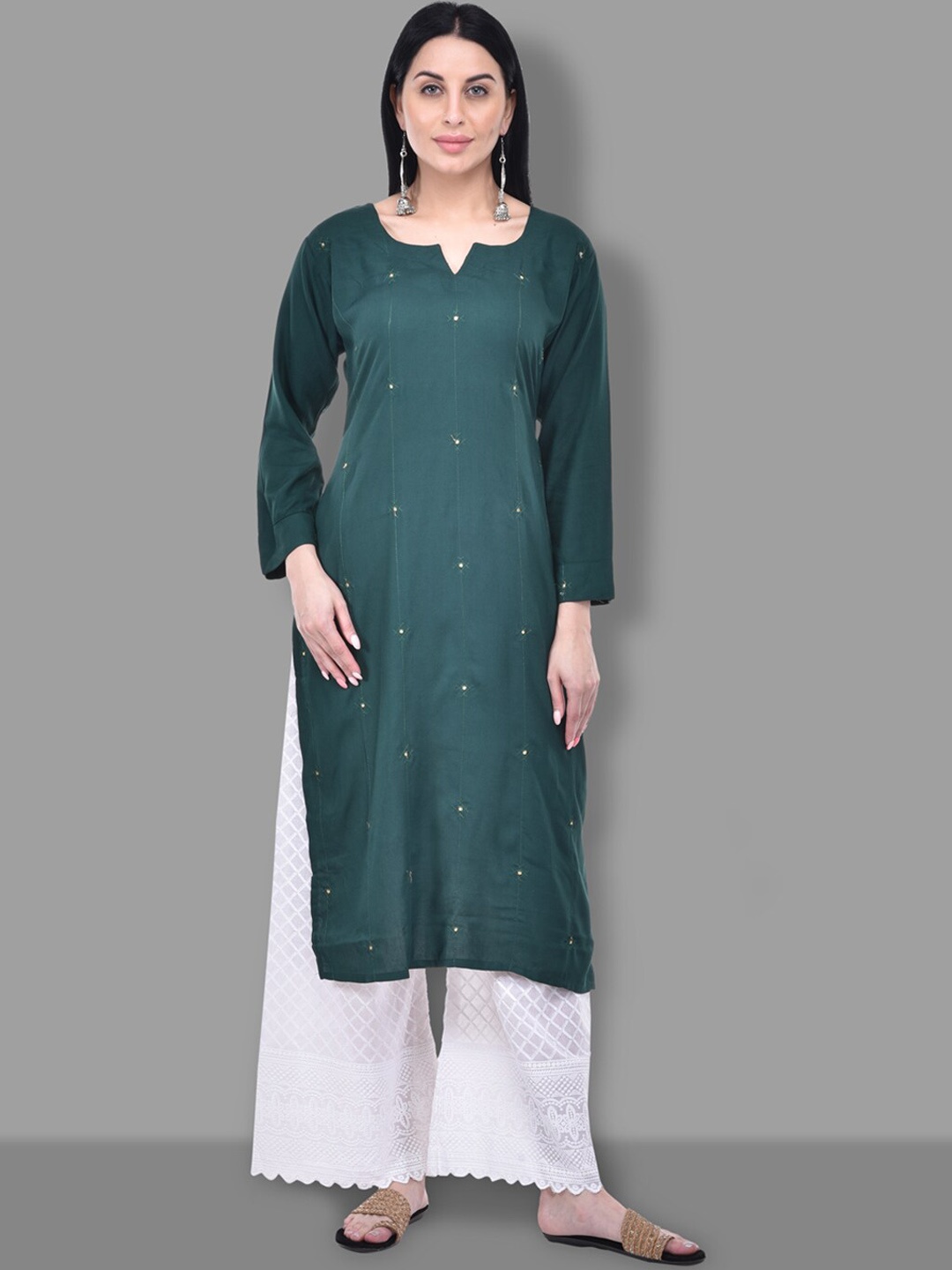 

Ziva Fashion Women Green Embroidered Extended Sleeves Thread Work Kurta