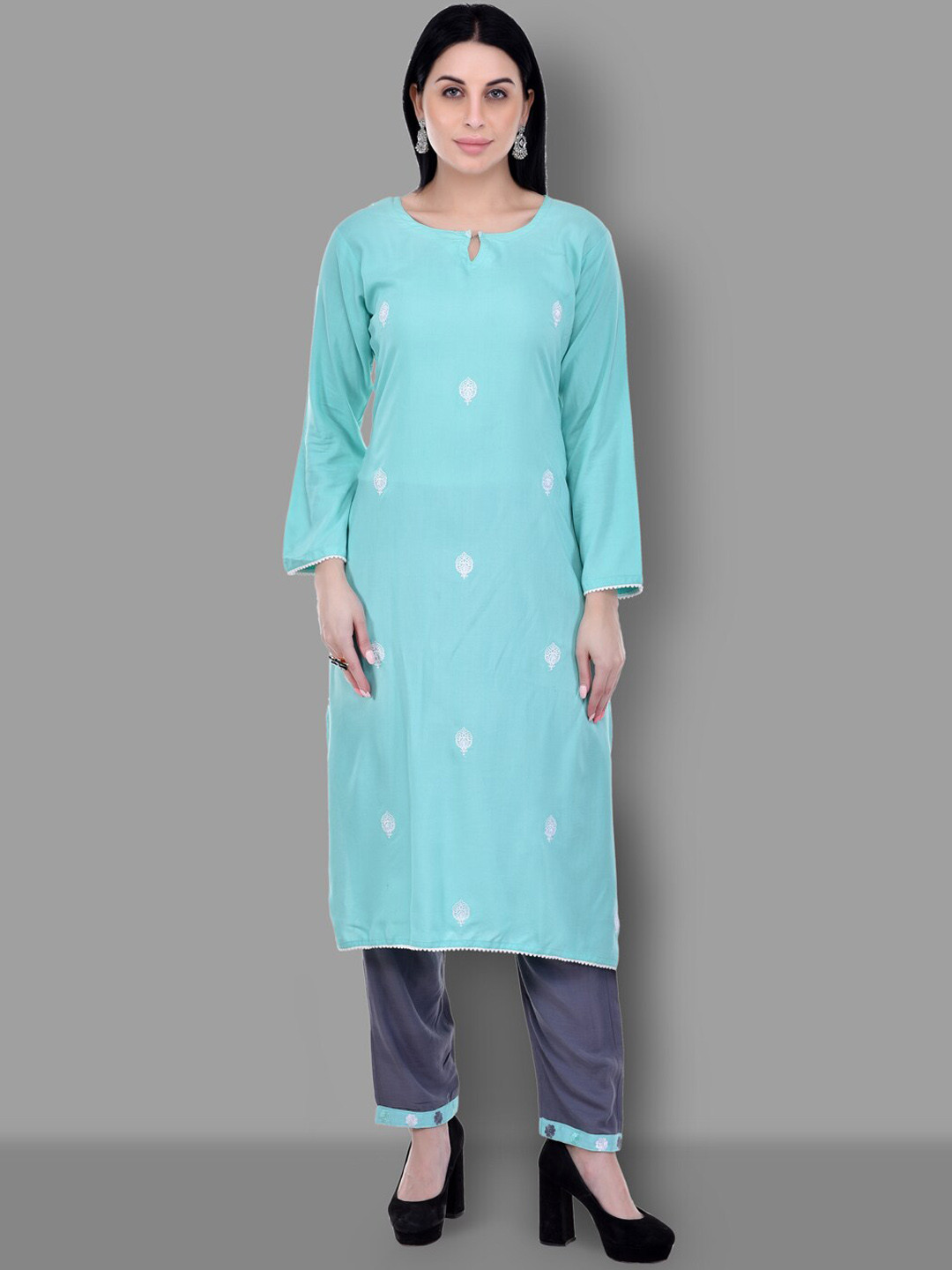 

Ziva Fashion Women Blue Embroidered Keyhole Neck Flared Sleeves Kurta