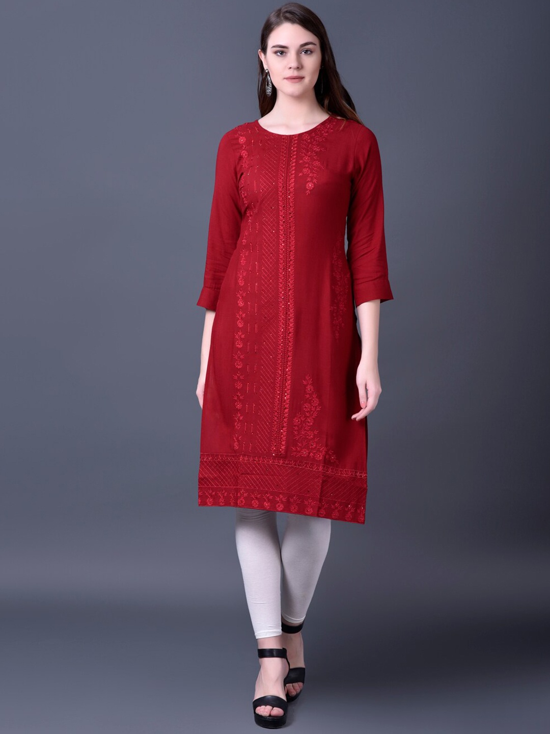 

Ziva Fashion Women Red Geometric Checked Flared Sleeves Thread Work Kurta