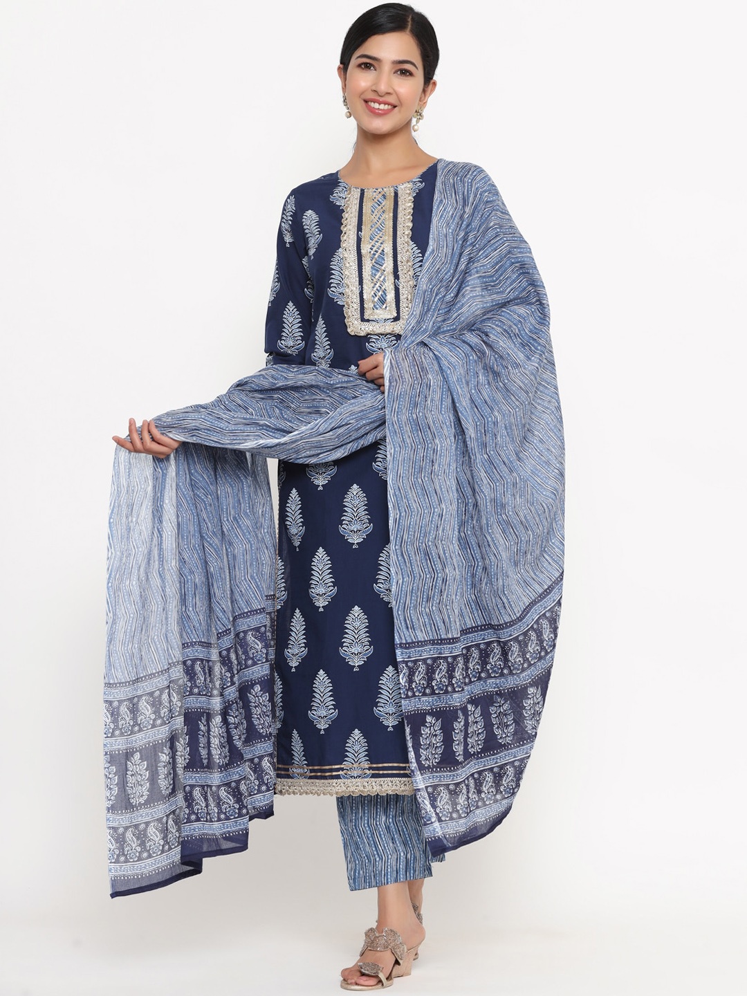

Yufta Women Blue Panelled Sequinned Pure Cotton Kurti with Trousers & With Dupatta