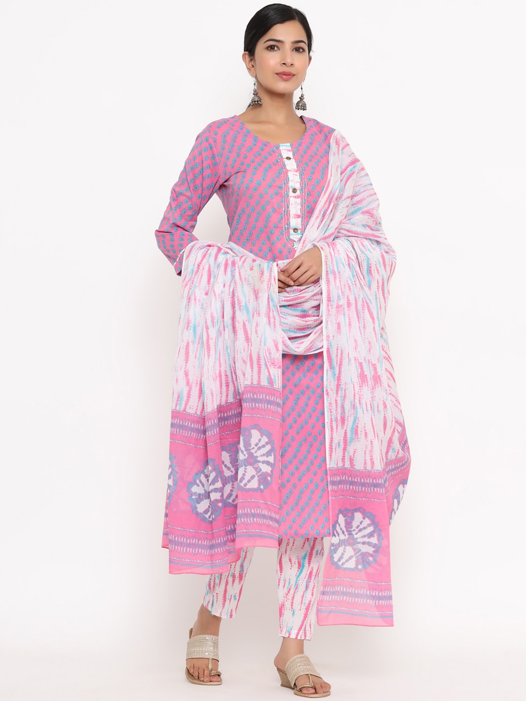 

Yufta Women Pink Ethnic Motifs Printed Sequinned Pure Cotton Kurta with Trousers & With Dupatta