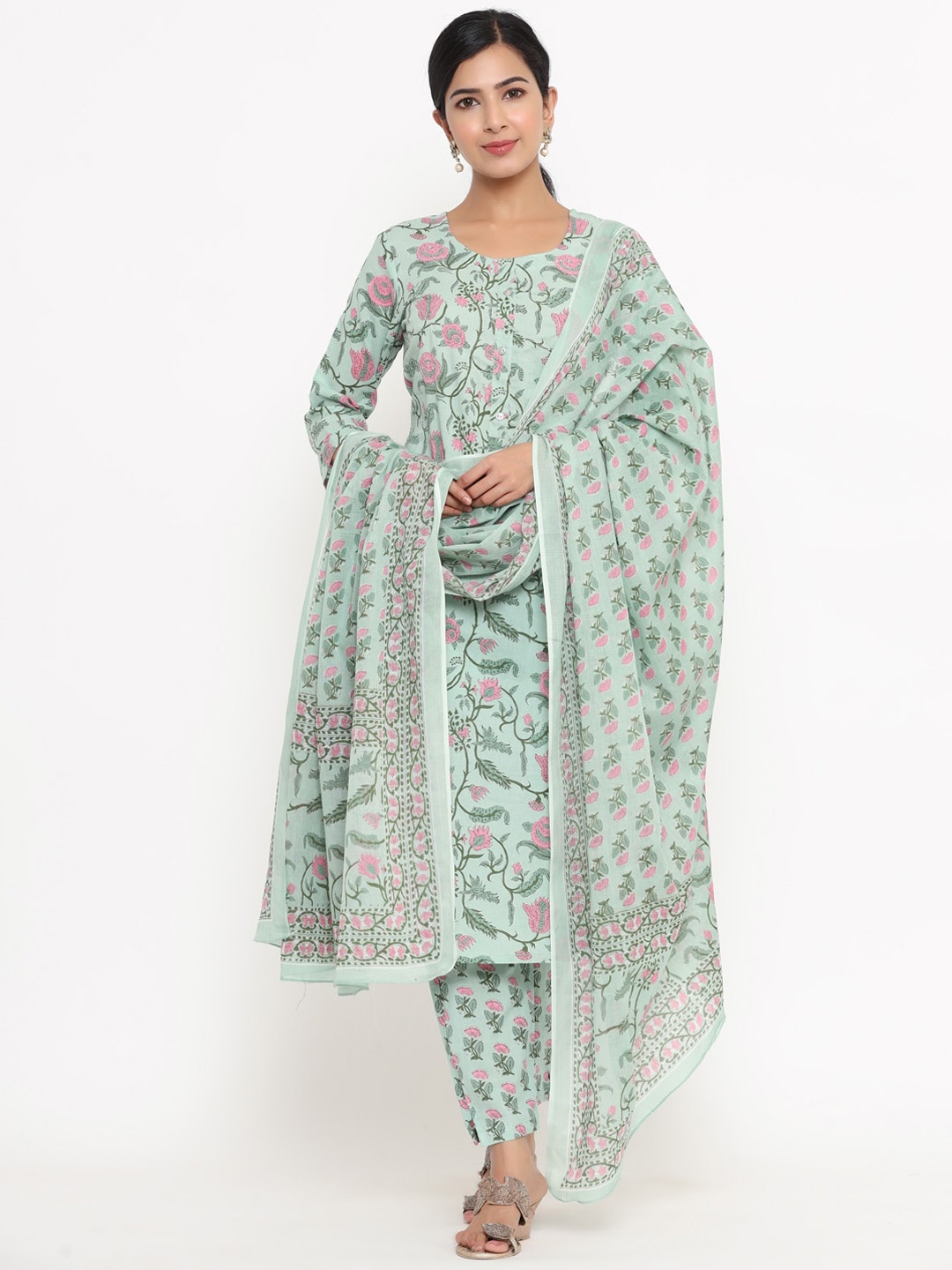 

Yufta Women Green Floral Yoke Design Pleated Sequinned Pure Cotton Kurti with Salwar & With Dupatta