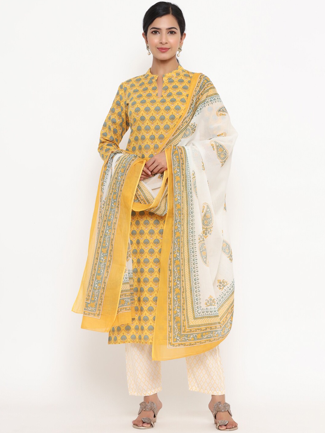 

Yufta Women Yellow Ethnic Motifs Printed Pure Cotton Kurta with Trousers & With Dupatta