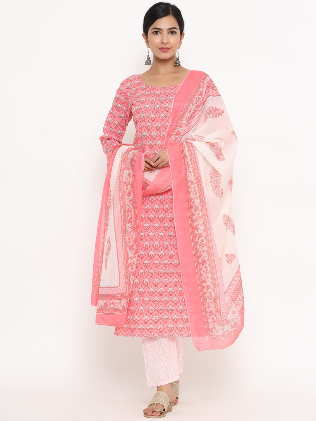 

Yufta Women Peach-Coloured Printed Layered Pure Cotton Kurta with Trousers & With Dupatta