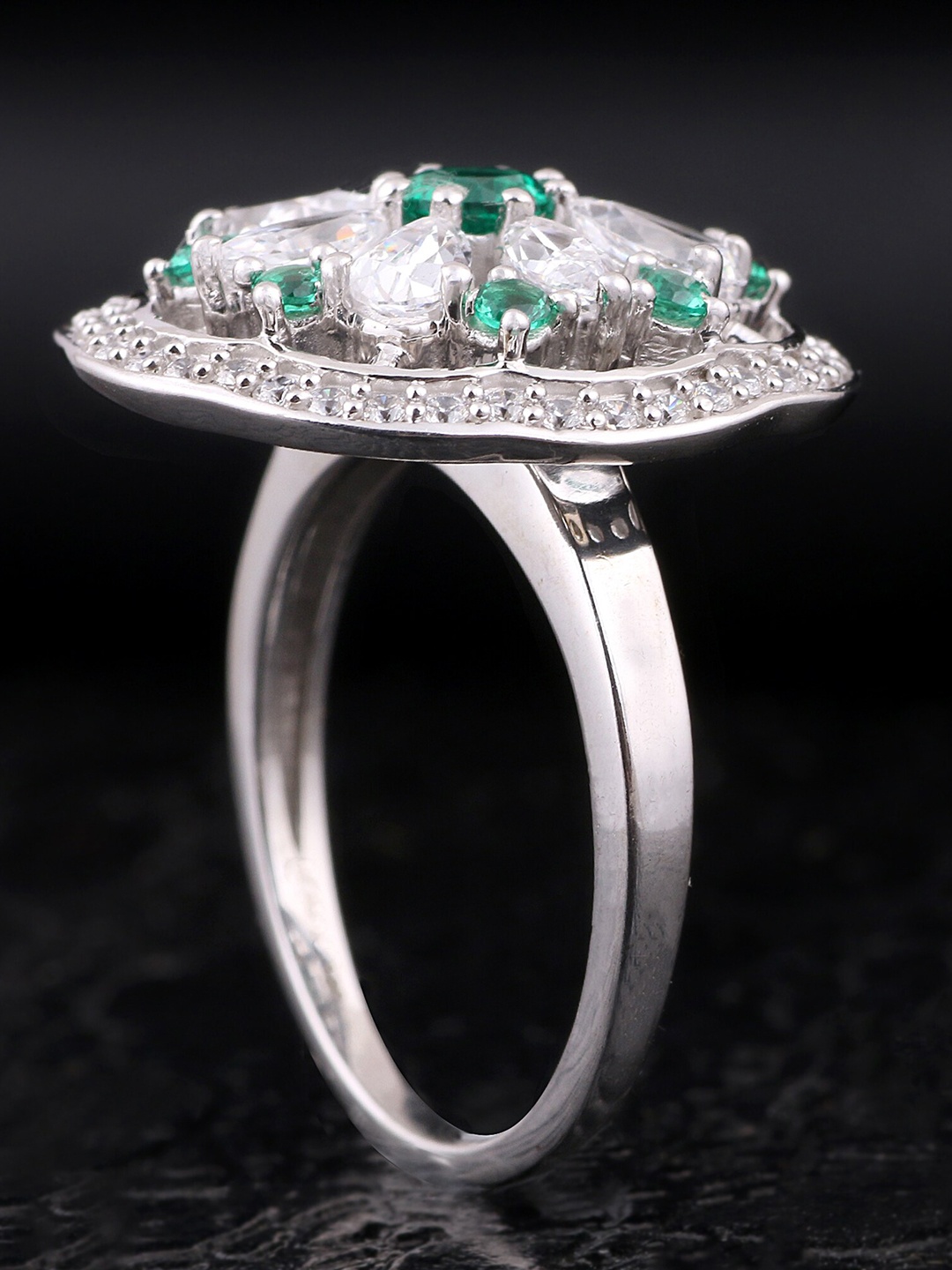 

Silgo Rhodium-Plated Silver-Toned & White CZ-Studded Finger Ring