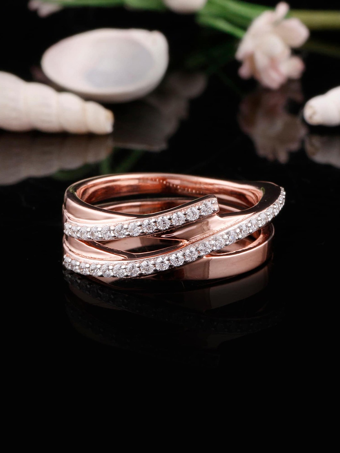 

Silgo Sterling Silver Rose Gold-Plated & White CZ-Studded Finger Ring