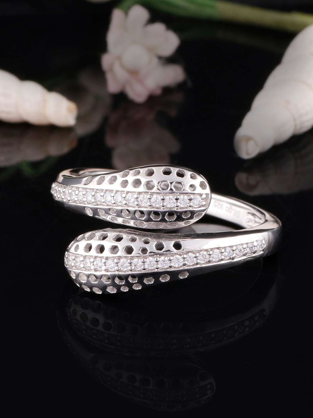 

Silgo Rhodium-Plated Silver-Toned & White CZ-Studded Finger Ring