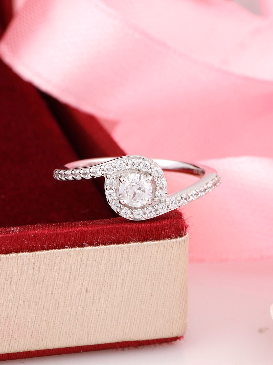 

Silgo Rhodium-Plated Silver-Toned White CZ Studded Finger Ring