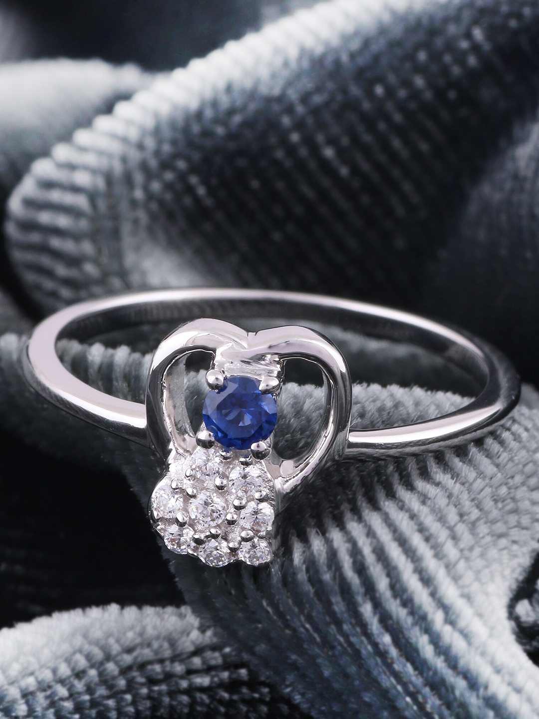 

Silgo Rhodium-Plated Silver-Toned & Blue CZ-Studded Finger Ring