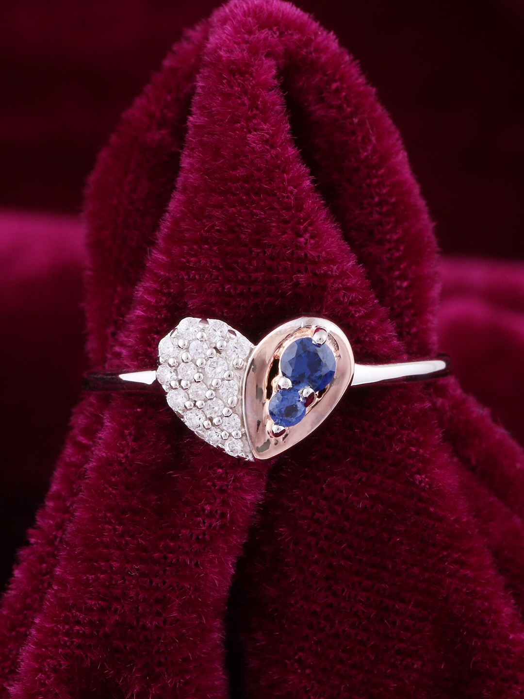 

Silgo Rhodium-Plated Silver-Toned Blue & White CZ Studded Finger Ring, Rose gold