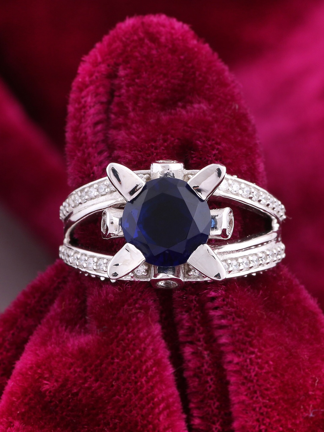 

Silgo Rhodium-Plated Silver-Toned & Blue CZ-Studded Finger Ring
