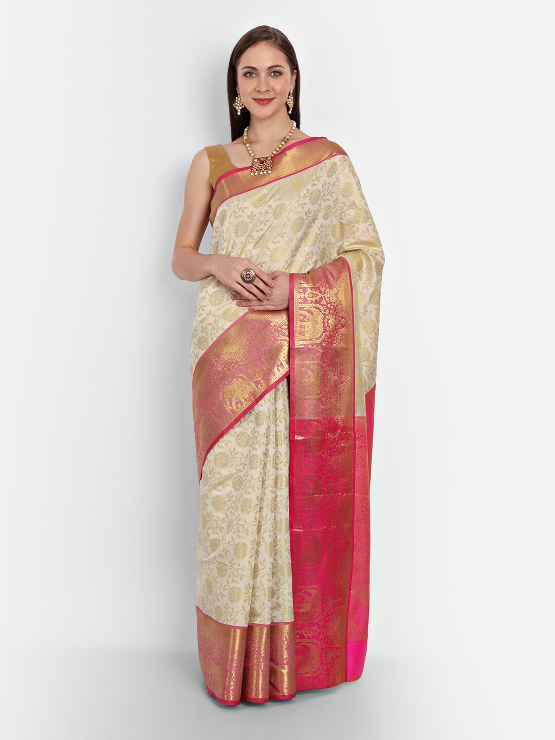 

Royal Rajgharana Saree White & Magenta Woven Design Zari Silk Blend Kanjeevaram Sarees