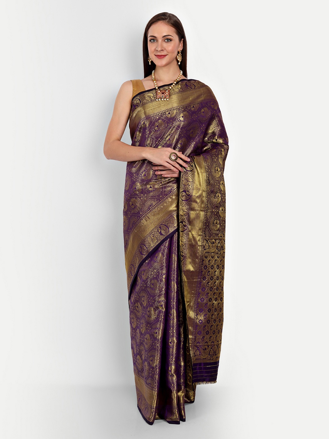 

Royal Rajgharana Saree Purple & Gold-Toned Woven Design Zari Silk Blend Kanjeevaram Sarees