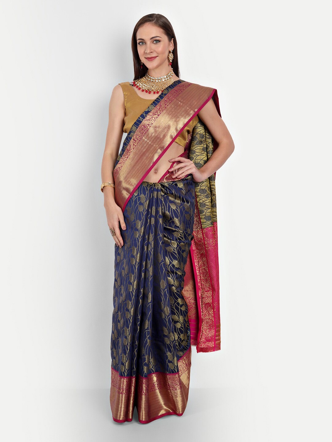 

Royal Rajgharana Saree Navy Blue & Pink Woven Design Zari Silk Blend Kanjeevaram Sarees