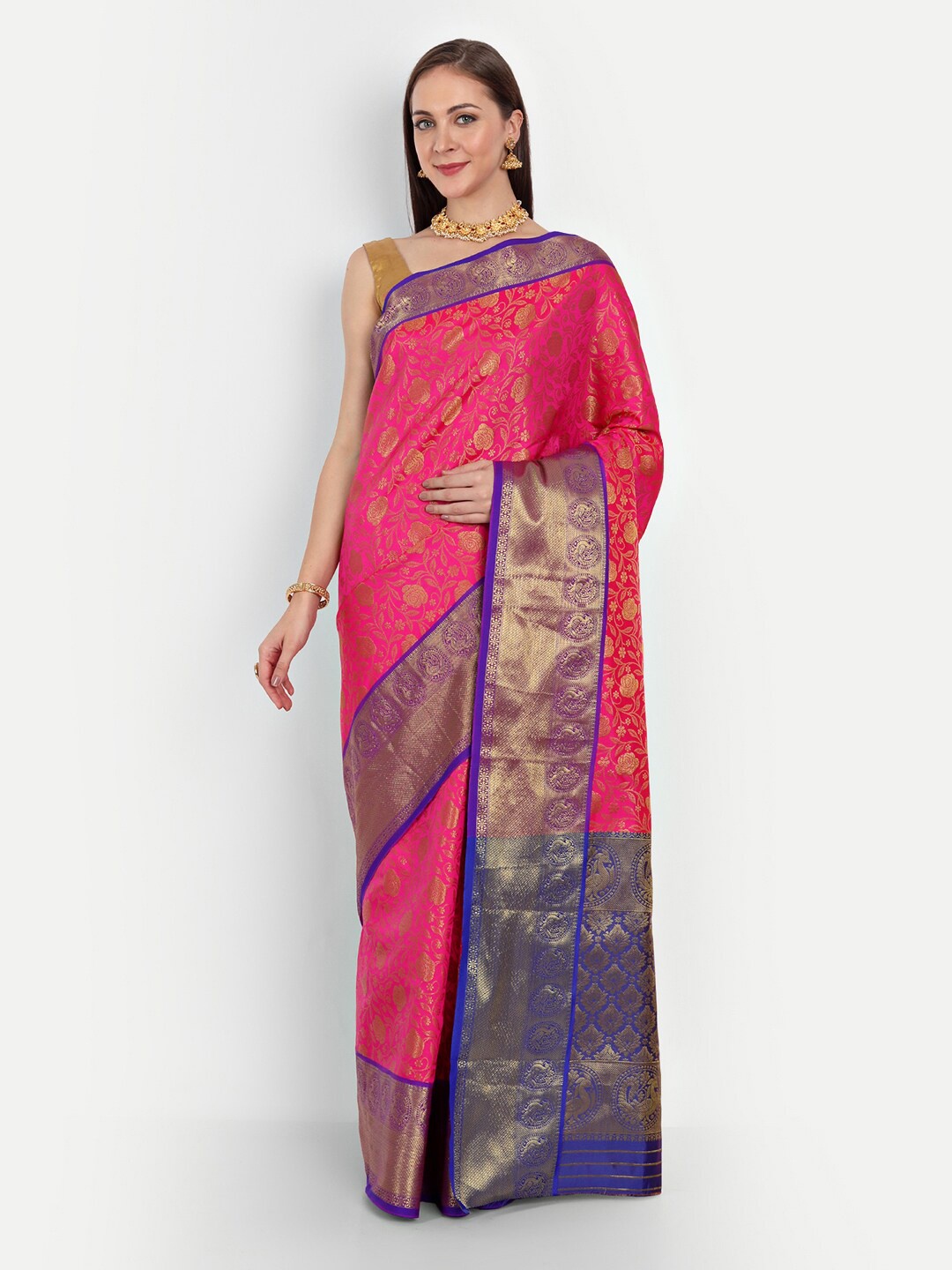 

Royal Rajgharana Saree Pink & Navy Blue Woven Design Zari Silk Blend Kanjeevaram Sarees