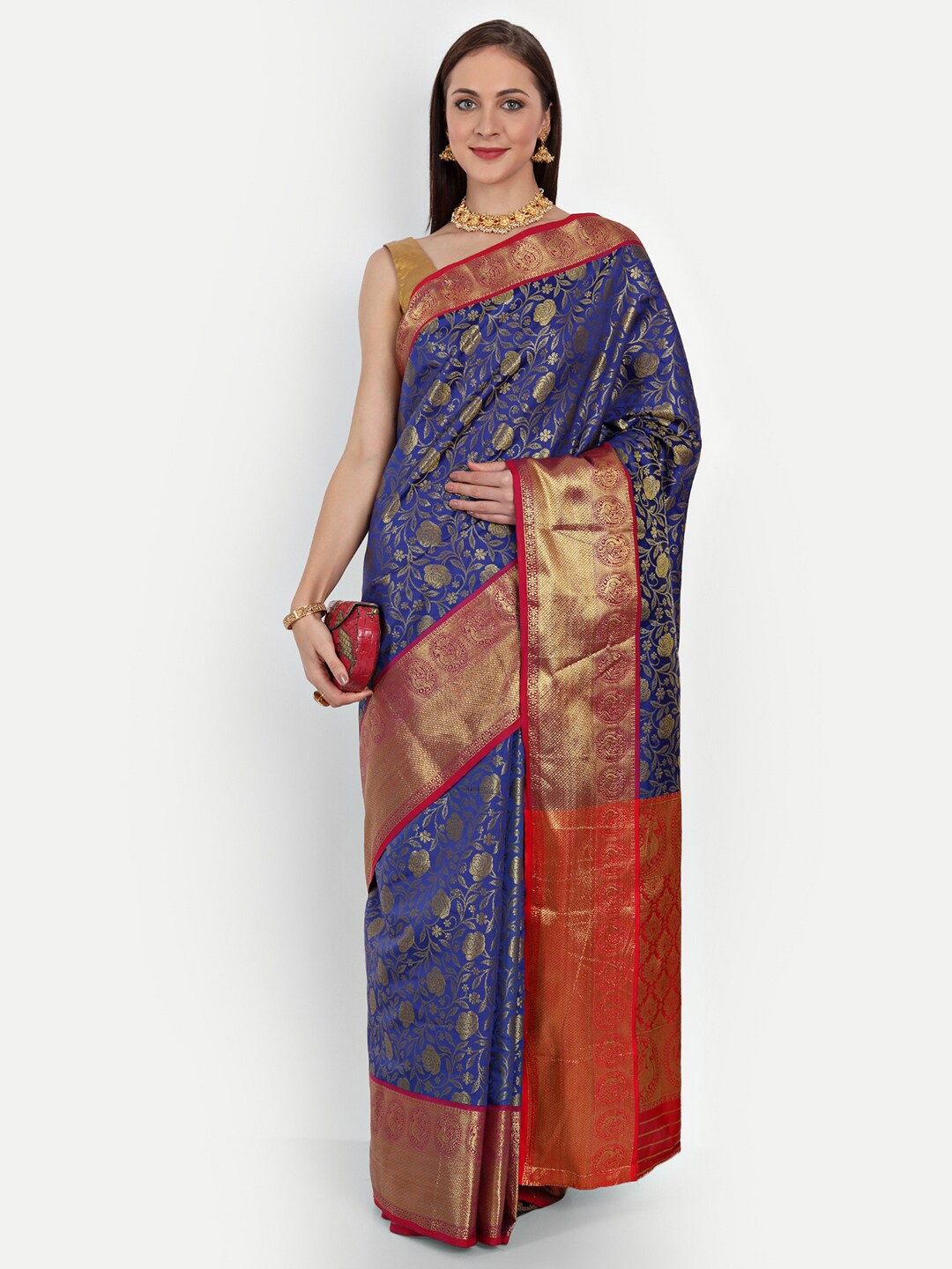 

Royal Rajgharana Saree Blue & Orange Woven Design Zari Silk Blend Kanjeevaram Sarees