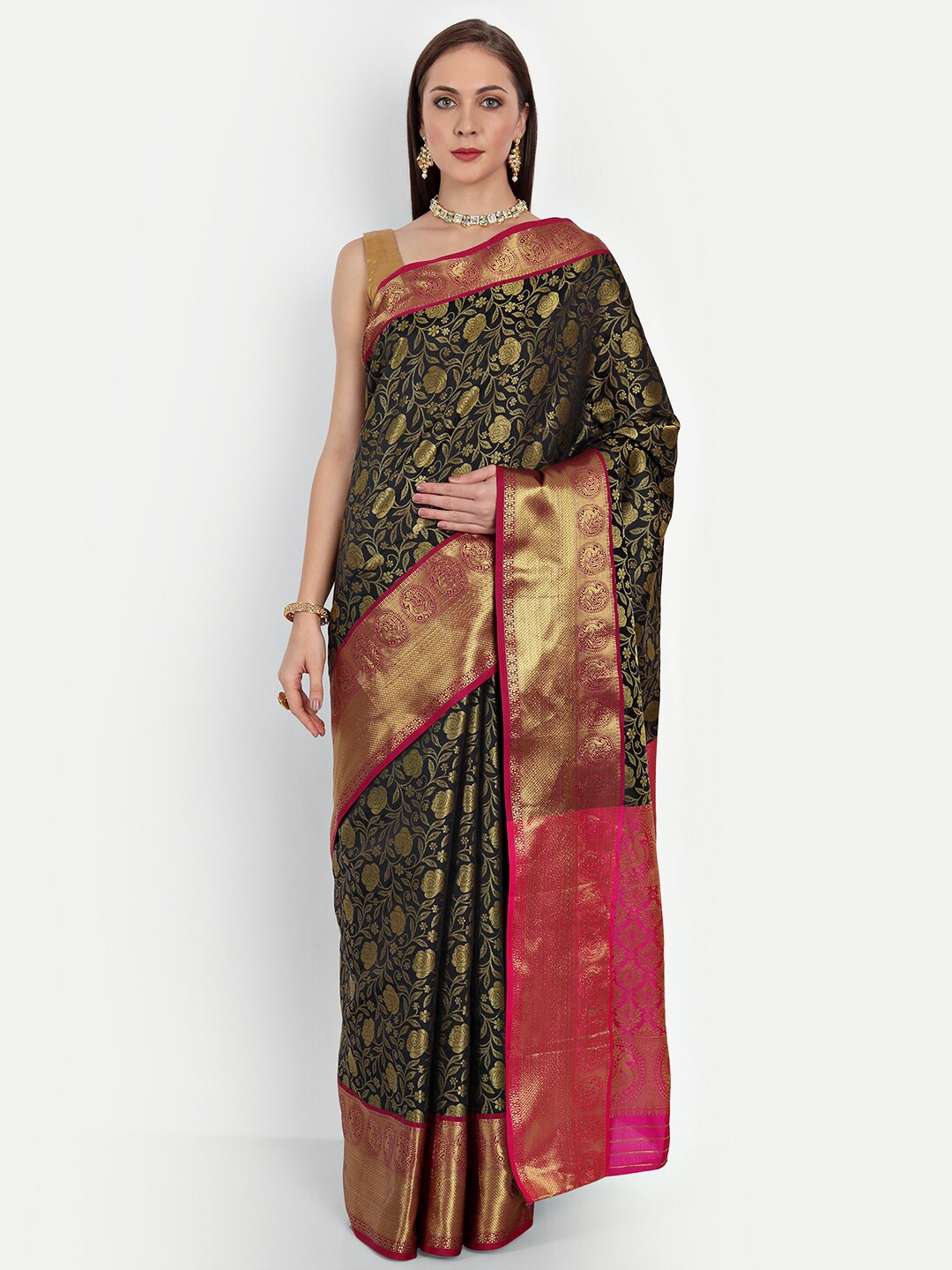 

Royal Rajgharana Saree Black & Pink Woven Design Zari Silk Blend Kanjeevaram Sarees