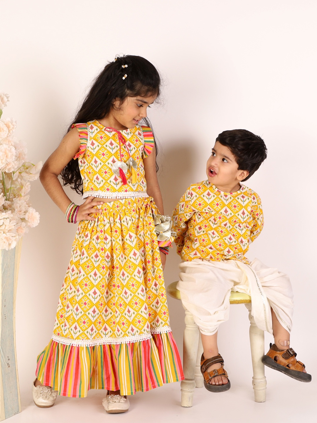 

LIL DRAMA Girls Yellow & Maroon Printed Thread Work Ready to Wear Lehenga Choli