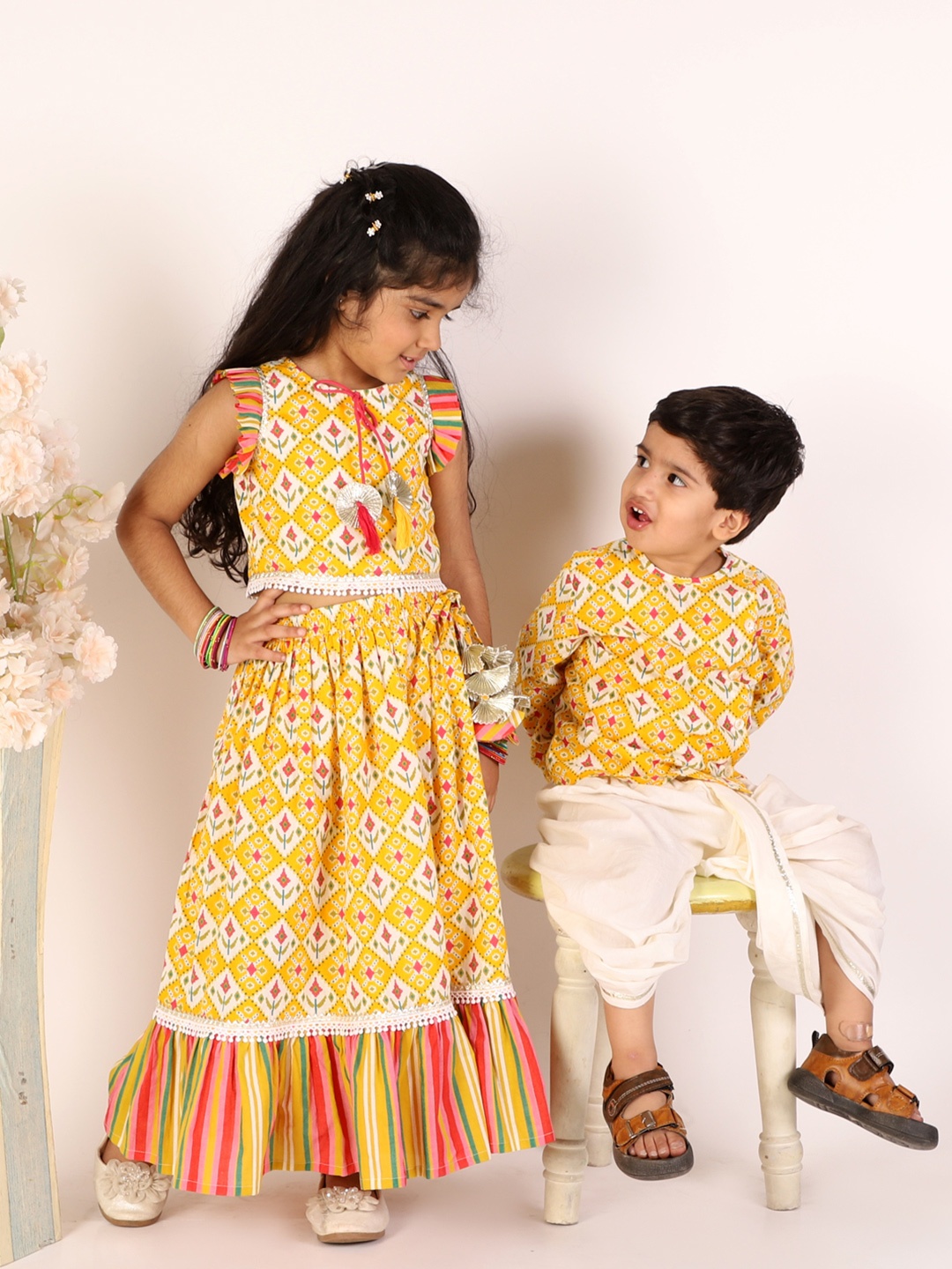 

LIL DRAMA Girls Yellow & Red Printed Thread Work Ready to Wear Lehenga Choli