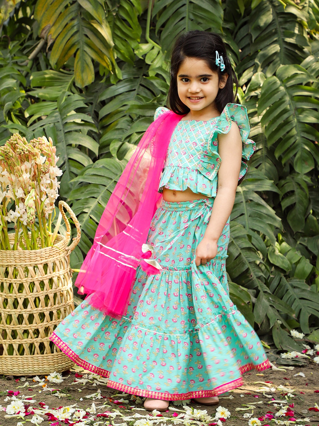 

LIL DRAMA Girls Blue & Pink Printed Thread Work Ready to Wear Lehenga &