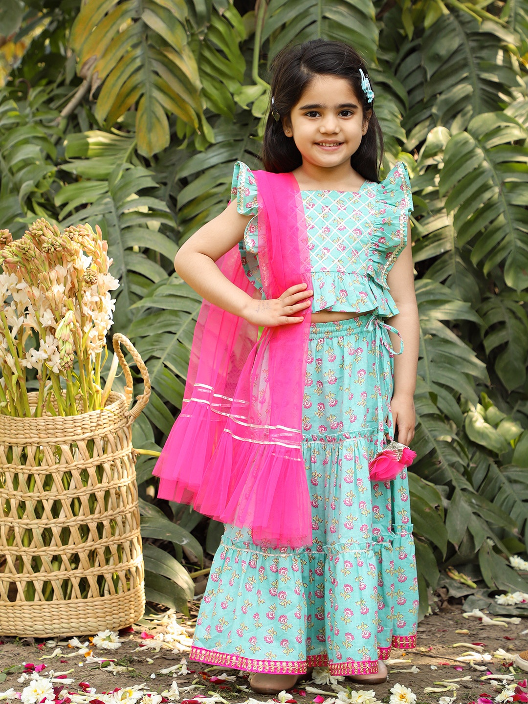 

LIL DRAMA Girls Blue & White Printed Thread Work Ready to Wear Lehenga &